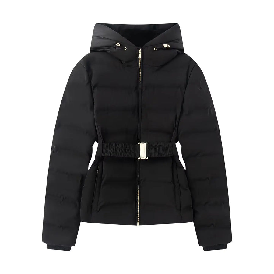 Damen Daunenjacke mit Kapuze und Gürtel, Schwarz