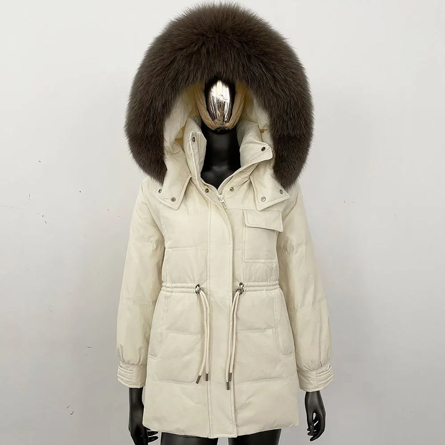 Damen Winterjacke Parka mit Kapuze Kunstfellbesatz Tunnelzug Creme