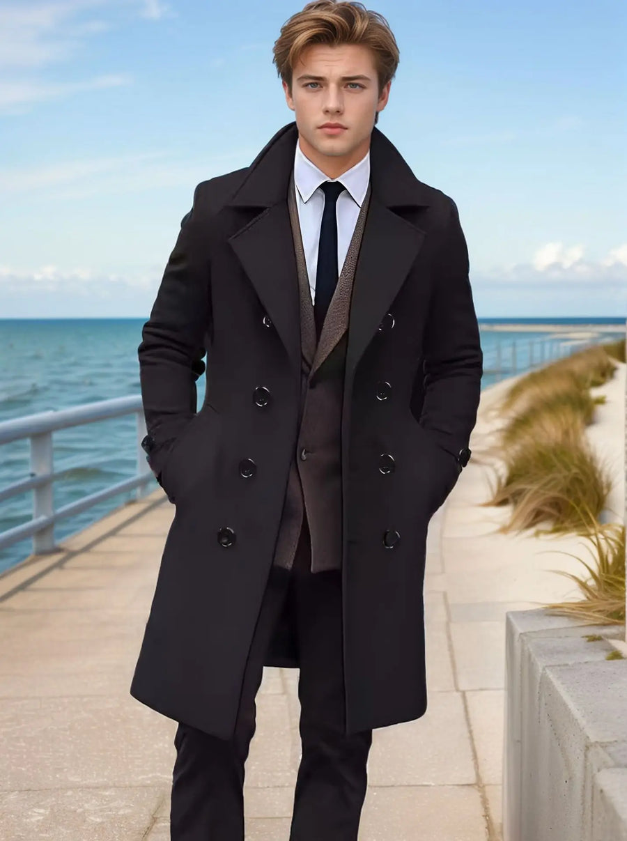 Herren Mantel Lang Zweireiher Dunkelgrau Herbst Winter Überzieher