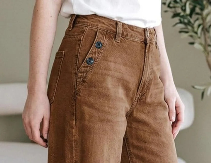 Bruine wide-legbroek voor dames met hoge taille en knoopdetails