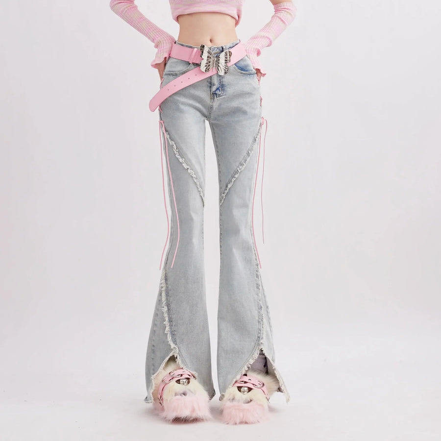 Dames-bell-bottombroek met veterdetails, lichtblauw, wijde pijpen, used-look