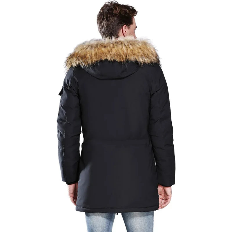 Herren Winterparka Schwarz mit Kapuze und Kunstfellbesatz