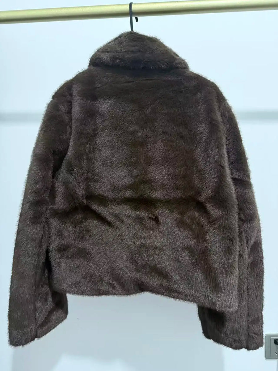 Kurze Damen Kunstfelljacke mit Kragen