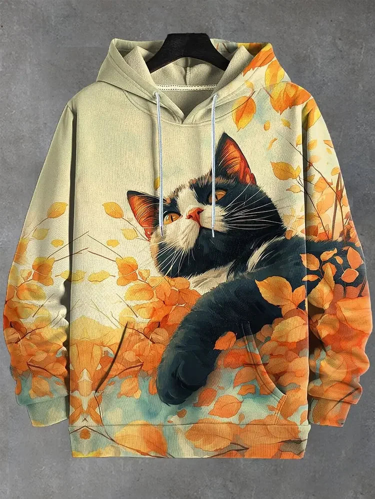 Unisexhoodie met kattenprint en kangoeroezak