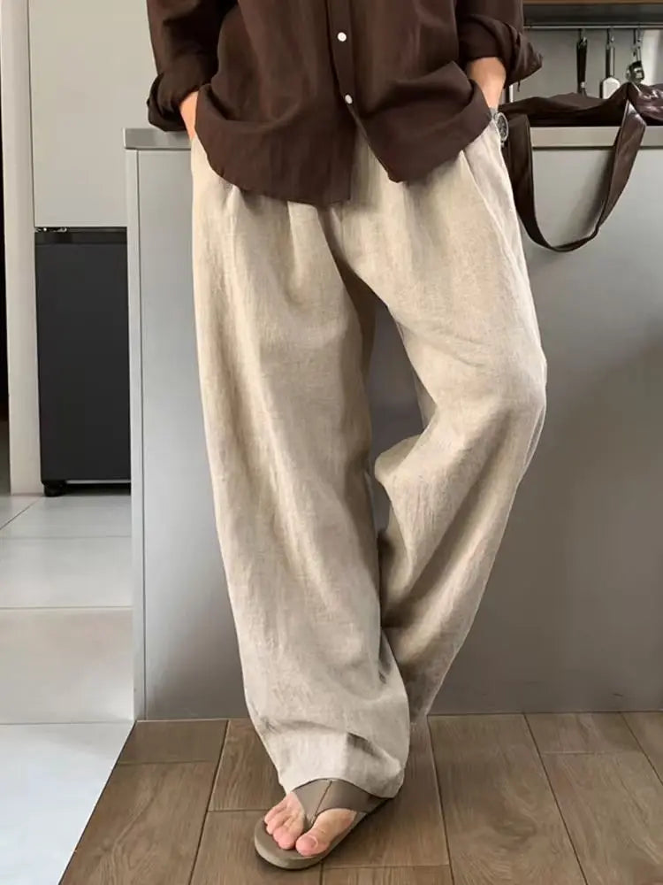 Uniseks linnenbroek met wijde pijpen, comfortabele vrijetijdsbroek, beige