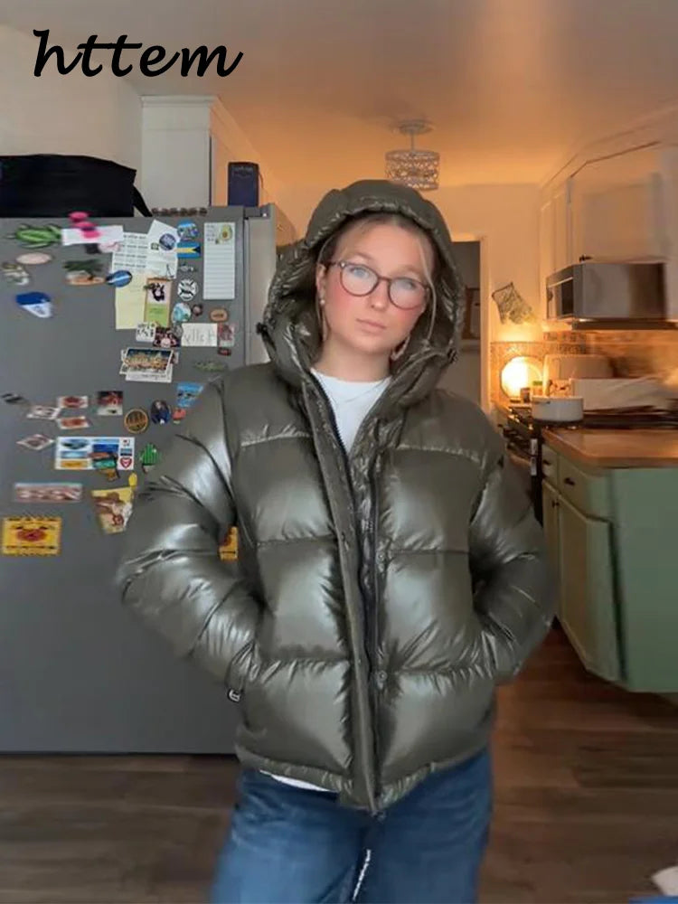 Damen Steppjacke mit Kapuze glänzend Khaki
