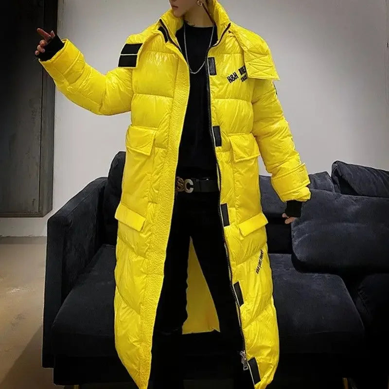 Unisex Langer Puffer Mantel Glänzend Schwarz Winter Jacke