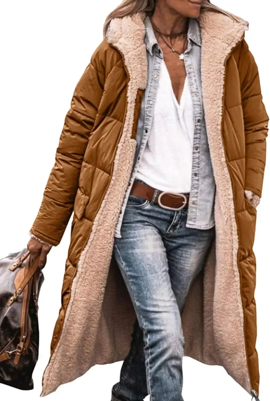 Damen Langer Steppmantel mit Teddyfutter & Kapuze