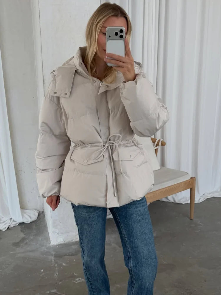 Damen Pufferjacke mit Kapuze und Taillenzugband