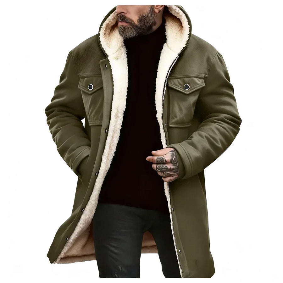 Herren Winterparka mit Kapuze und Teddyfutter, lange Übergangsjacke mit Knopfleiste