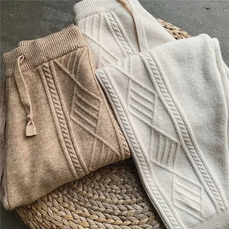 Damesgebreide broek met kabelpatroon, joggingbroek, losse vrijetijdsbroek, beige