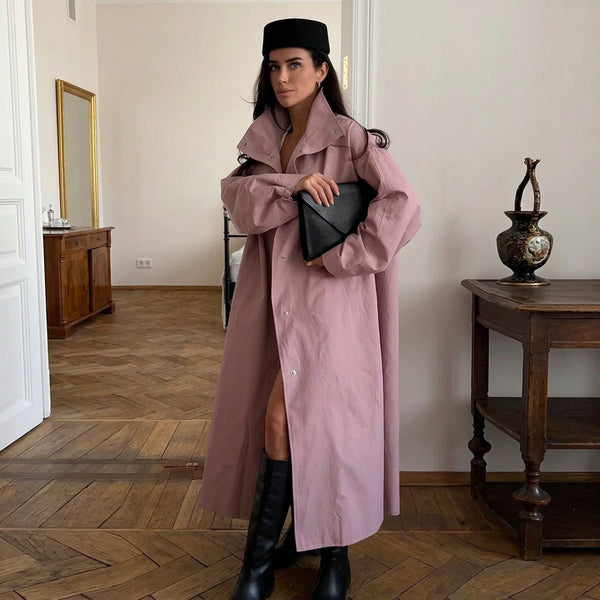 Dames lange tussenjas-trenchcoat met opstaande kraag en wijde mouwen