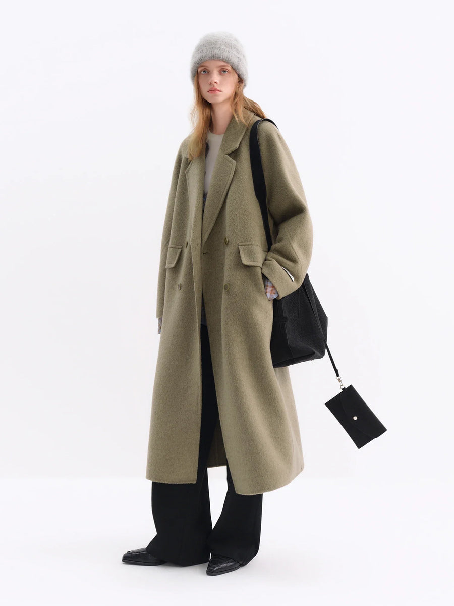 Damen Langer Mantel Zweireihig mit Reverskragen und Taschen Grün
