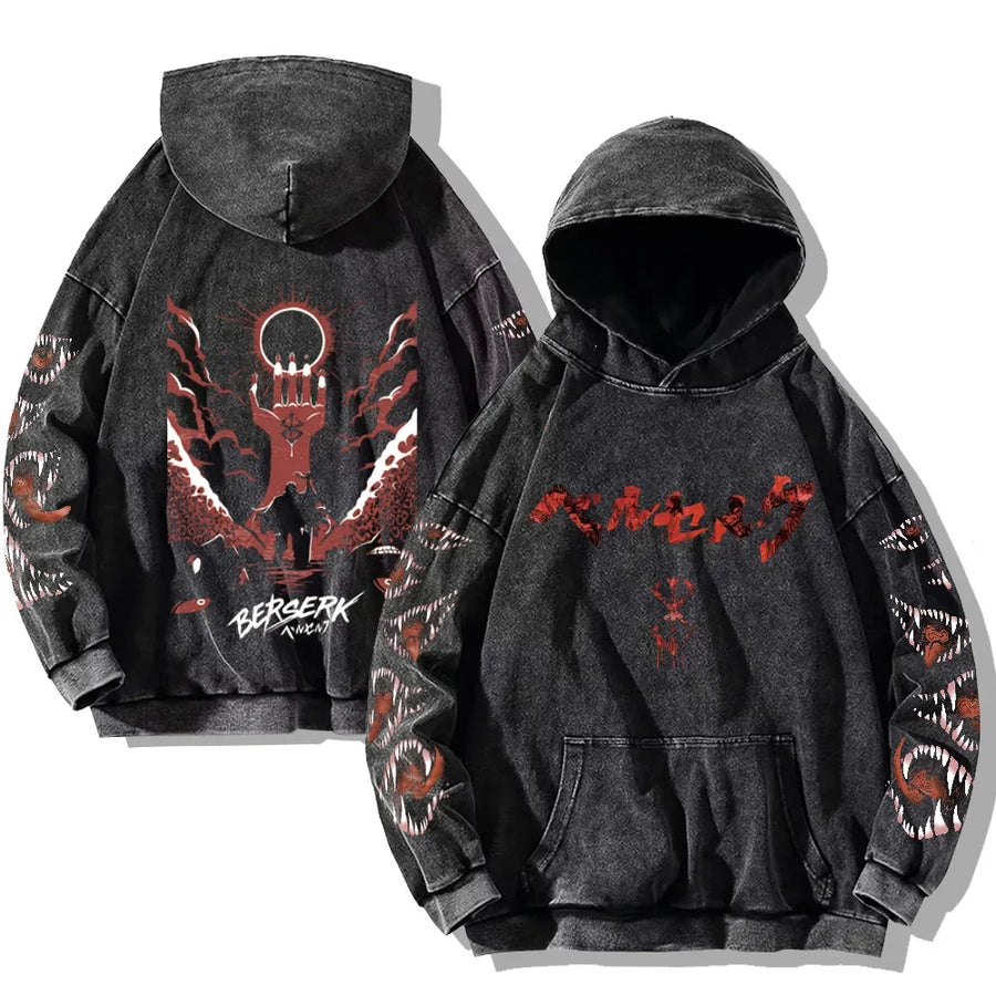 Vintage hoodie met capuchon en kangoeroezak – Berserk-print