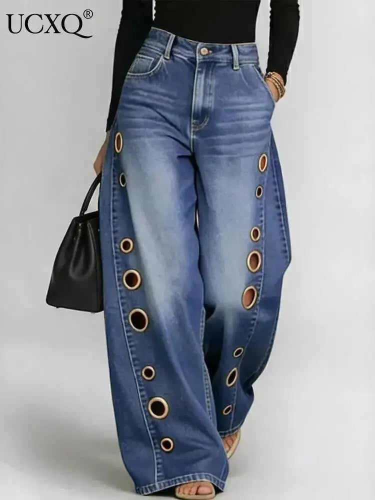 Damen Weite Jeans mit Ösen - Locker geschnitten, Hoher Bund