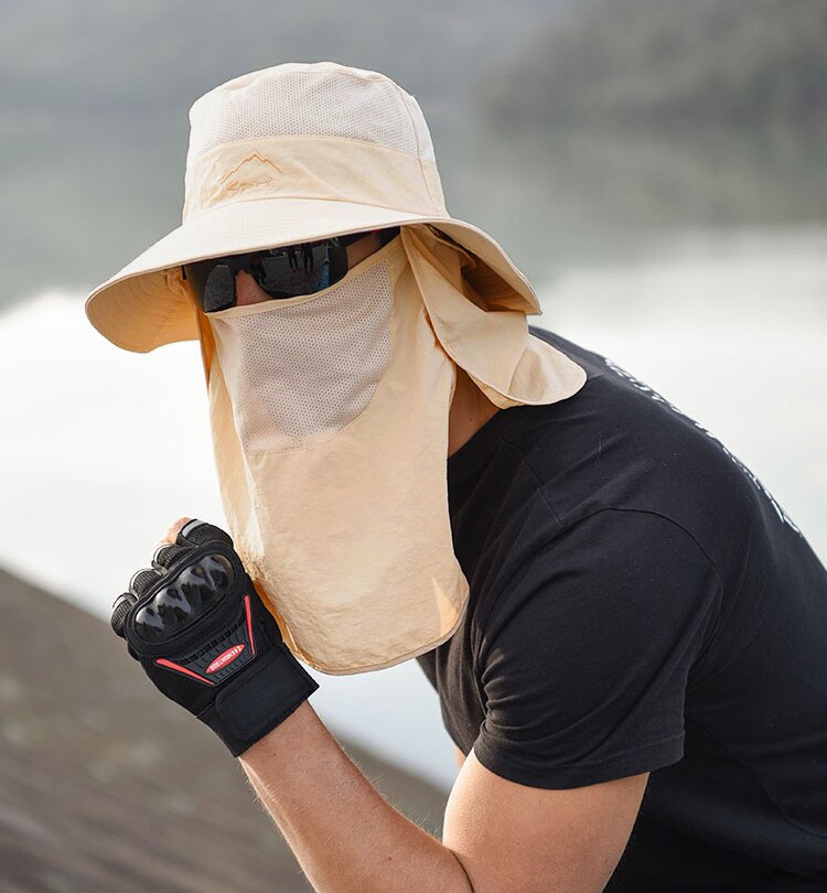 Unisex Sonnenhut mit Nackenschutz und Gesichtsmaske, breiter Krempe und UV-Schutz für Outdoor-Aktivitäten