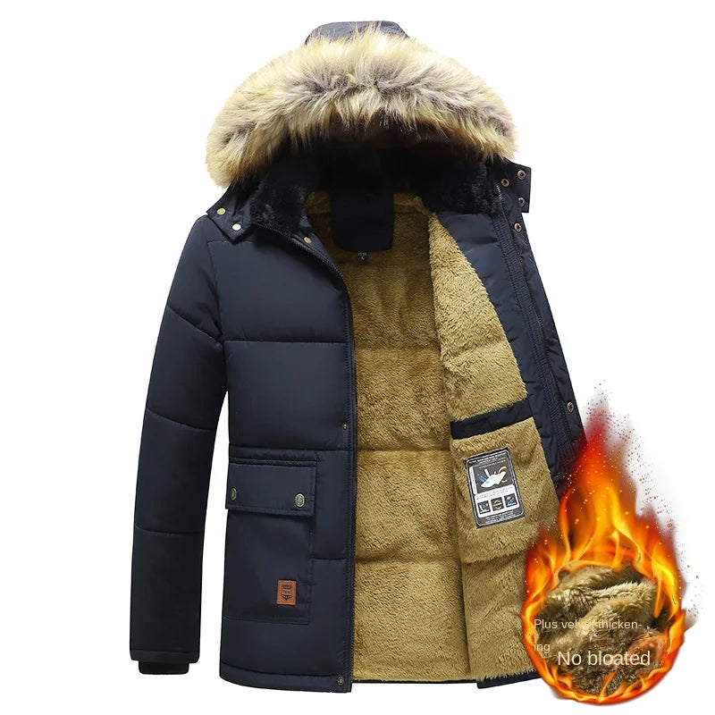 Herren Winterjacke mit Kapuze und Kunstfellbesatz, gefüttert