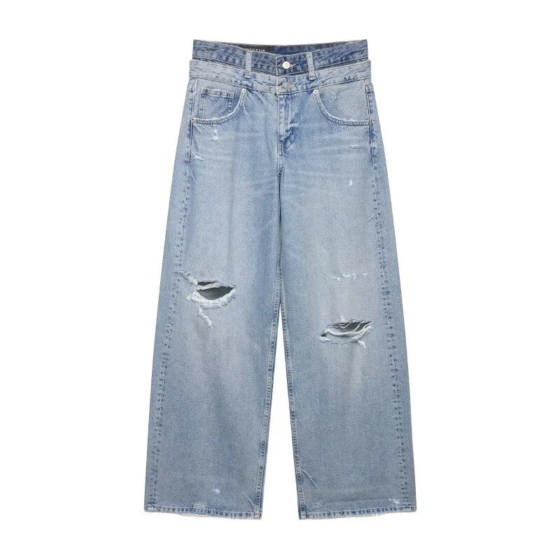 Jeans voor dames, wijde pasvorm, lichte wassing, destroyed look