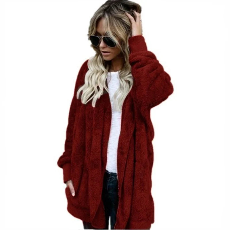 Damen Flauschige Strickjacke mit Kapuze und langen Ärmeln - Beigebraun