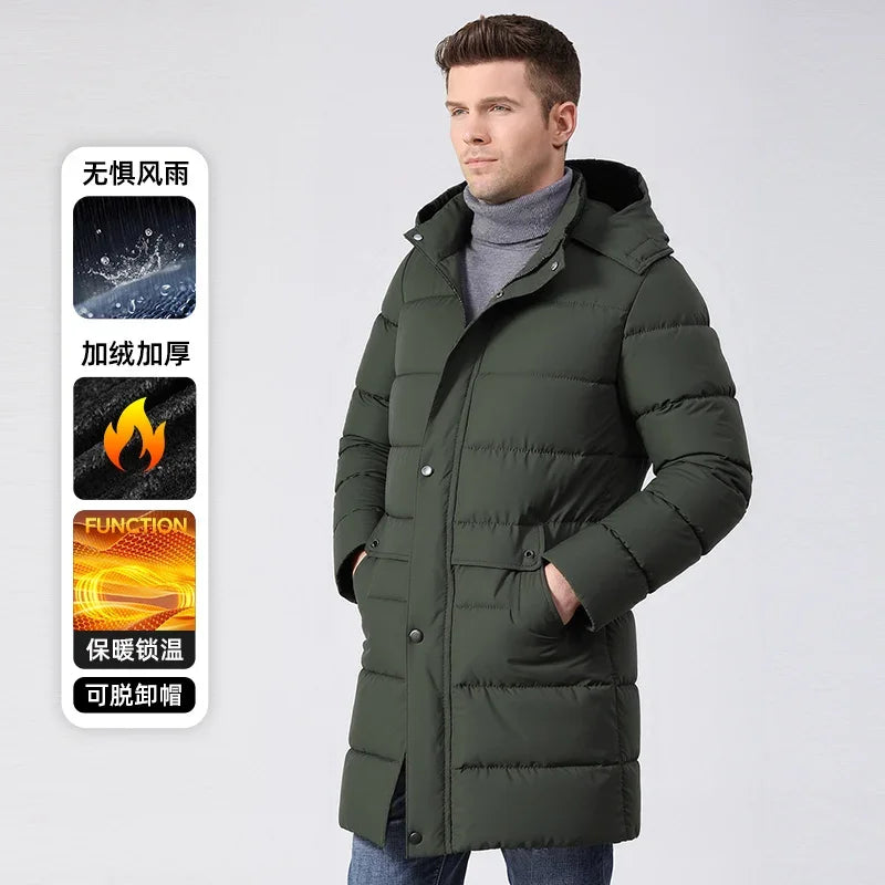 Herren Langer Winter Steppmantel mit Kapuze und Knöpfen – Warm & Winddicht