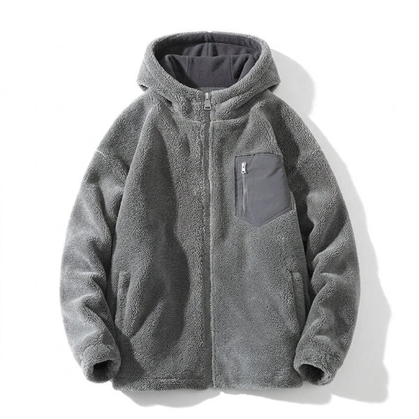 Unisex Teddyfleece Jacke mit Kapuze und Brusttasche Grau Reißverschluss