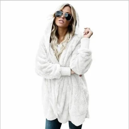 Damen Flauschige Strickjacke mit Kapuze und langen Ärmeln - Beigebraun