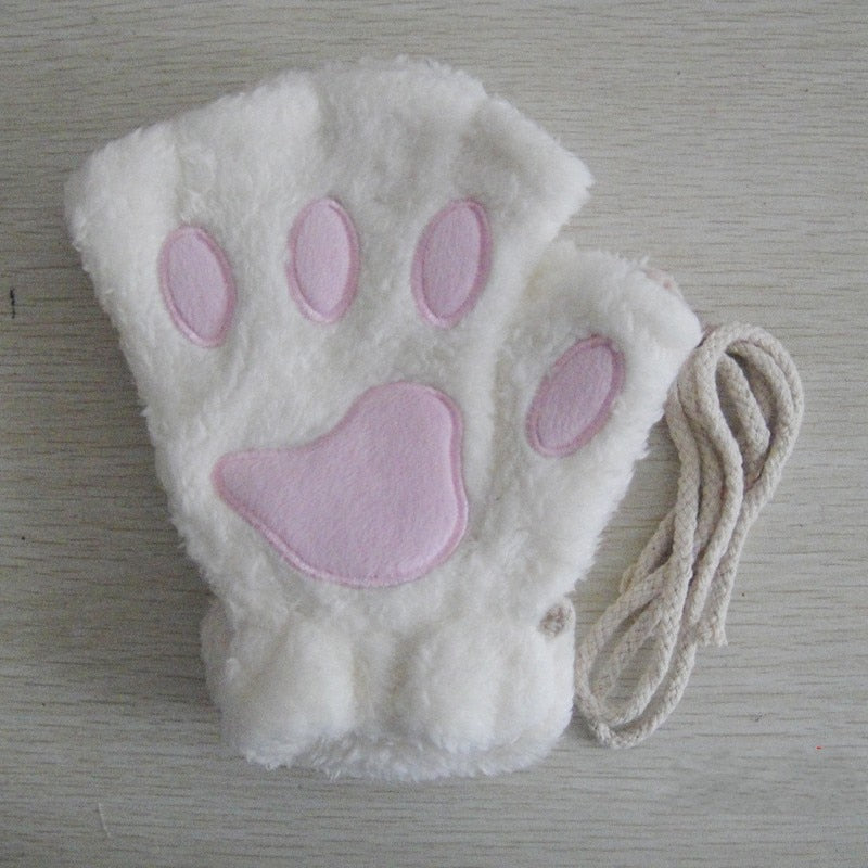 Unisex pluizige kattenpoot-handschoenen zonder vingers, met pootafdruk en band