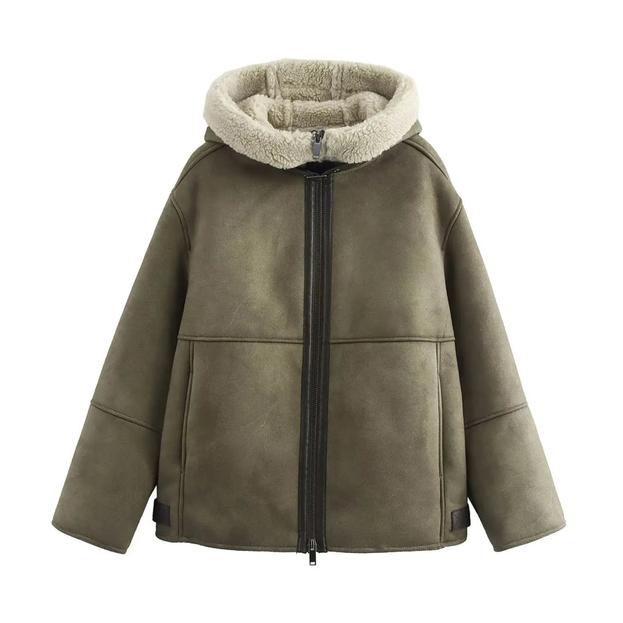 Kurze Kapuzenjacke olivgrün mit Teddyfutter Reißverschluss