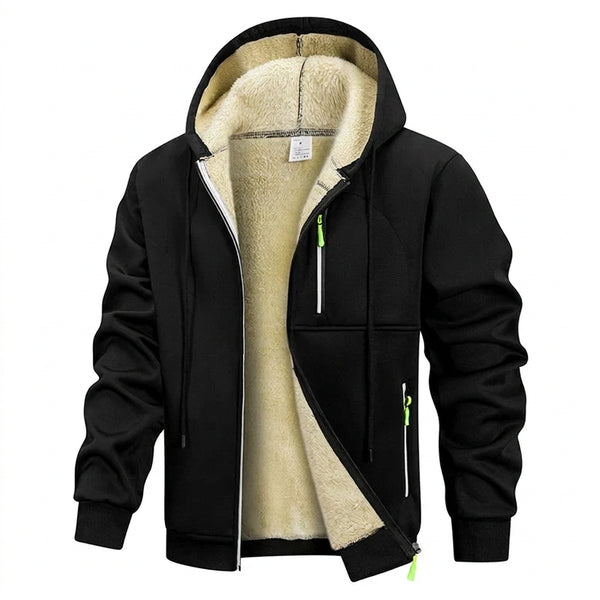 Hoodie mit Reißverschluss und Plüschfutter für Herren, warm, Schwarz