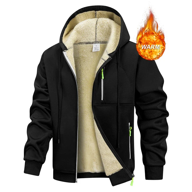 Hoodie mit Reißverschluss und Plüschfutter für Herren, warm, Schwarz