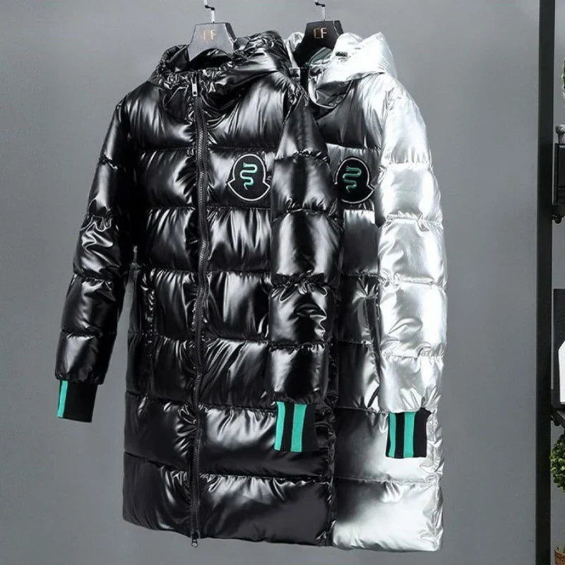Herren Glänzender Steppmantel mit Kapuze und Reißverschluss Lange Winterjacke