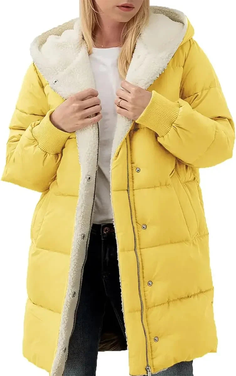 Damen Langer Steppmantel mit Kapuze und Teddyfutter, Winter Warme Jacke