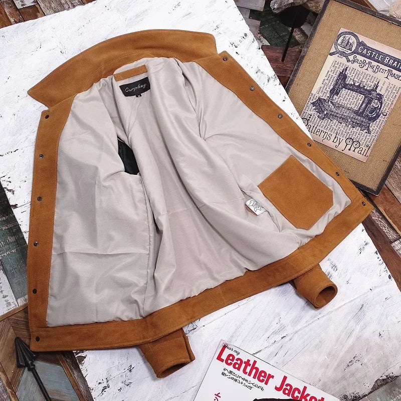 Herren Jacke Wildleder-Optik Cognacbraun mit Umlegekragen & aufgesetzten Taschen