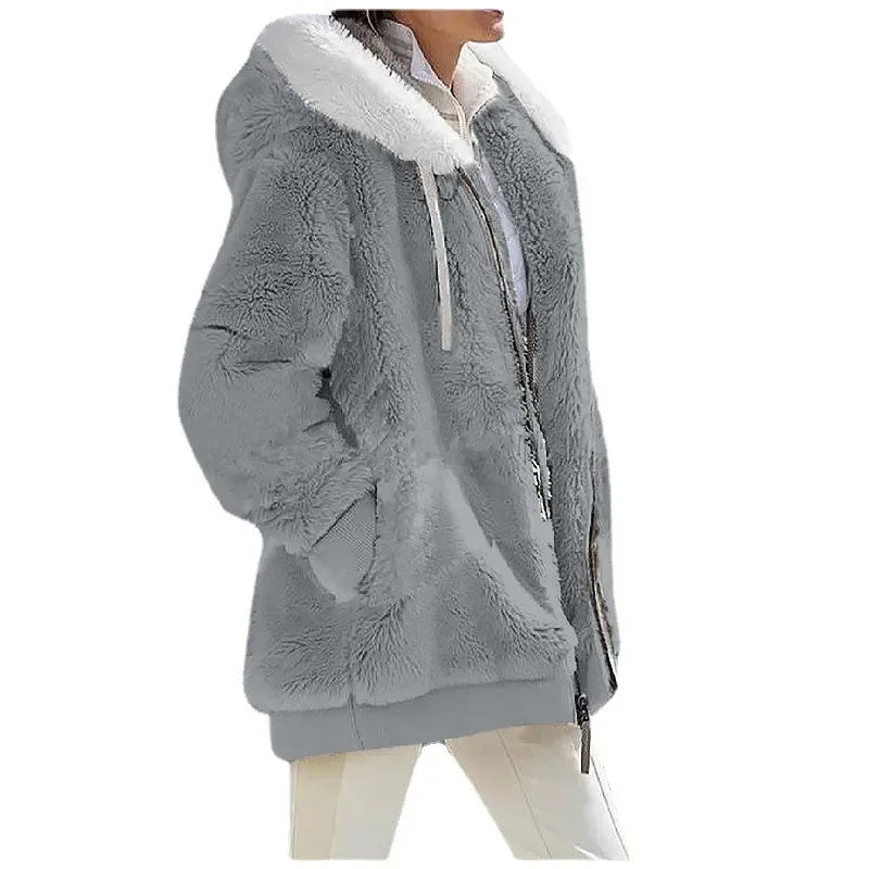 Teddy-Fleece Jacke mit Kapuze und Reißverschluss, flauschig warm