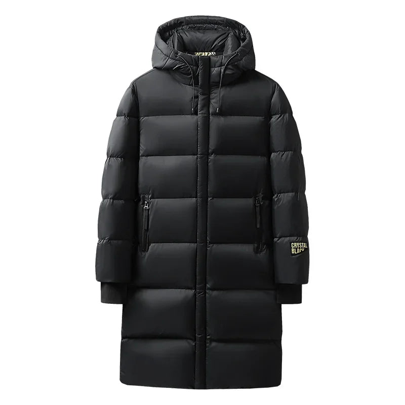 Langer Schwarzer Steppmantel mit Kapuze für Herren Winter Warm Parka