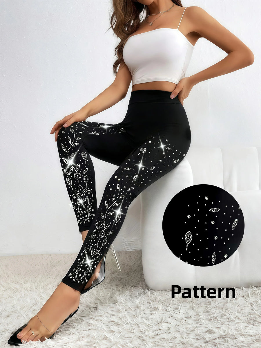 Zwarte dameslegging met glittersteenpatroon en strassteentjes, hoge taille
