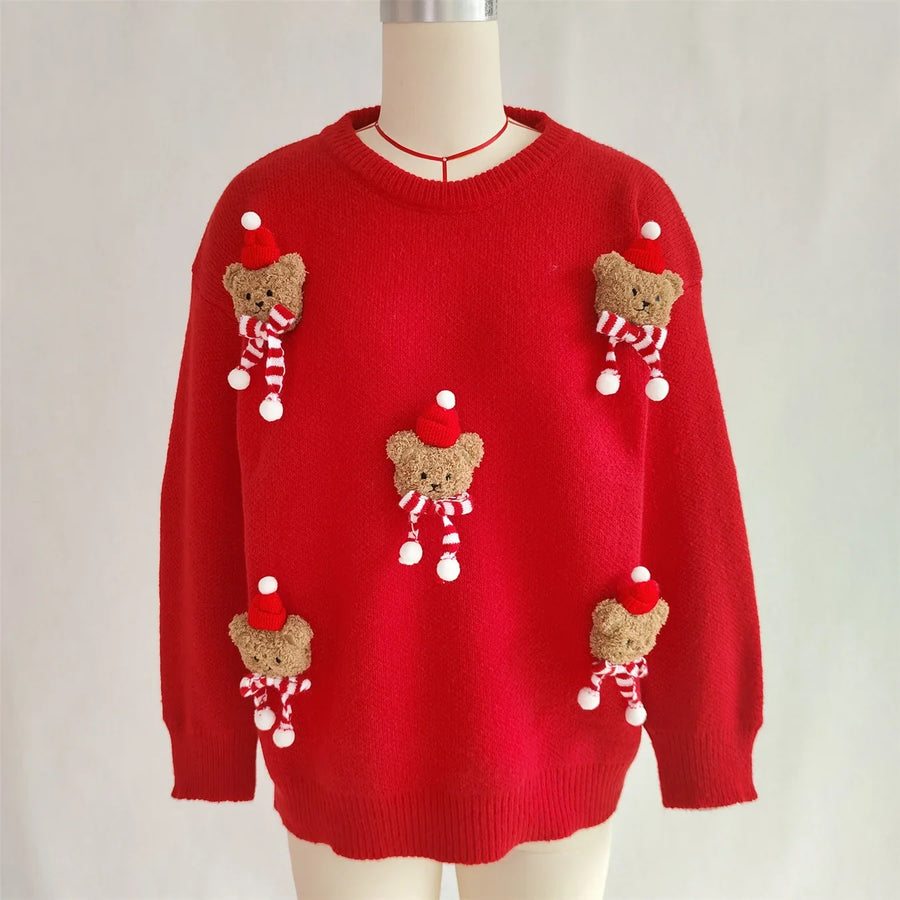 Kerstpullover met teddybeerapplicaties, lange mouwen en ronde hals