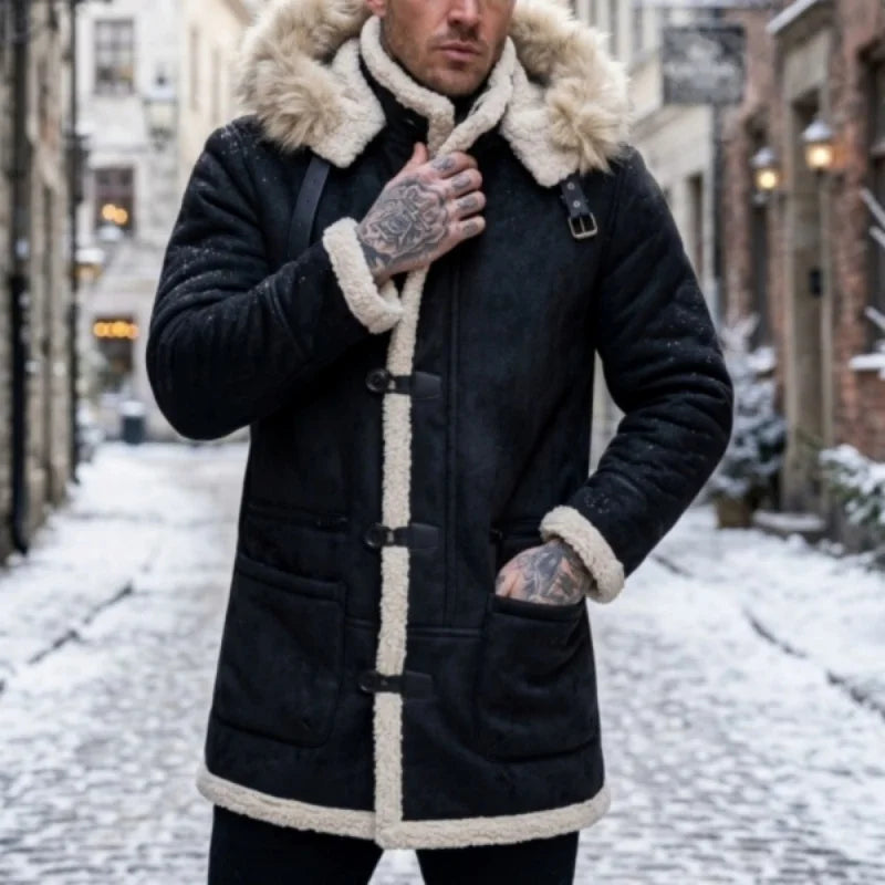 Herren Wintermantel mit Kapuze und Fellimitat-Futter
