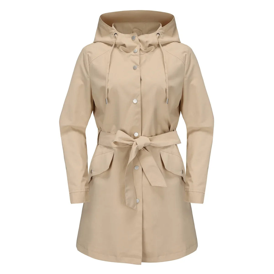 Damen Regenjacke mit Kapuze und Bindegürtel, Beige