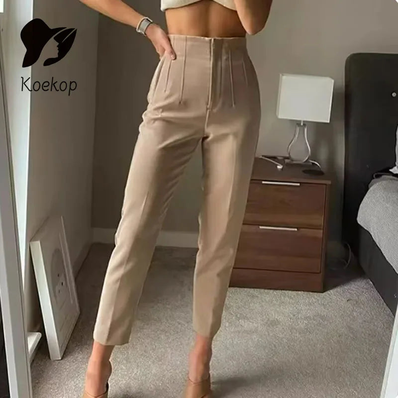 Damen High-Waist Stoffhose mit Falten-Detail und geradem Bein, Business & Freizeit