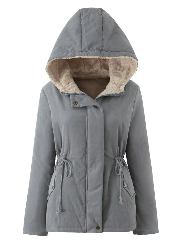 Damen Winterjacke mit Kapuze, Teddyfutter und Kordelzug in der Taille