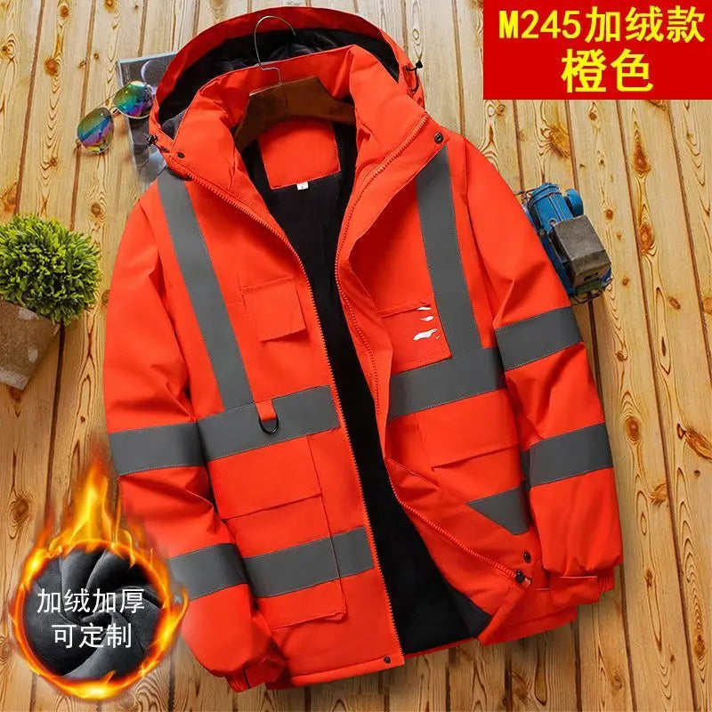 Unisex Winter Warnschutzjacke mit Kapuze, Fleece-gefüttert, Reflektorstreifen