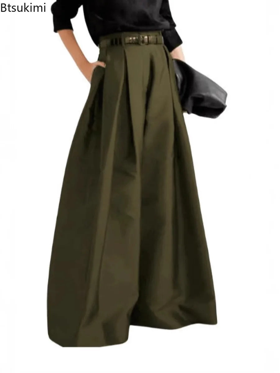 Damen Culotte Hose Weites Bein Hoher Bund Falten Uni Farbe