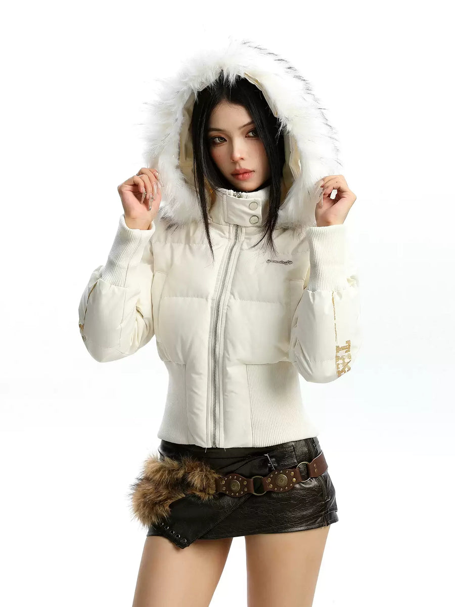 Kurze Steppjacke Damen mit Kapuze und Kunstfellbesatz