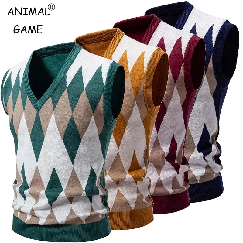Heren Argyle-tricotvest met V-hals, mouwloze pullover