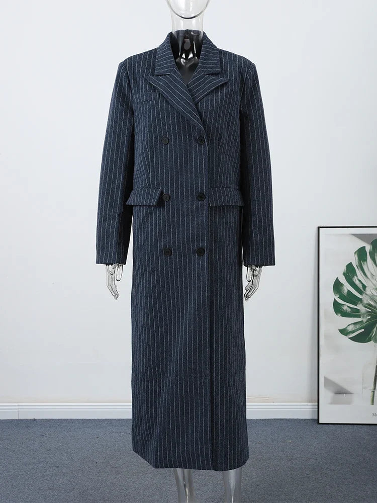 Damen Langer Mantel Doppelreiher Marineblau Nadelstreifen