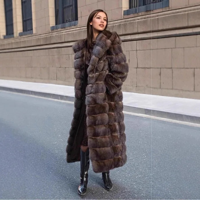 Damen Langer Pelzmantel mit Kapuze Braun Winter