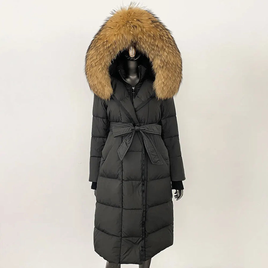 Damen Daunenmantel Lang mit Kapuze und Pelzbesatz Gürtel Steppjacke Warm