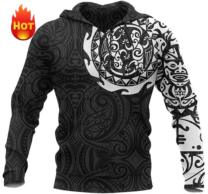Unisex hoodie met capuchon en tribaal patroon in blauw/zwart