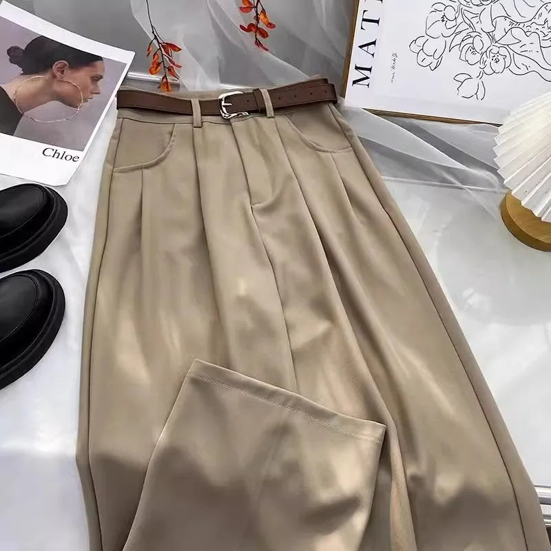 Damen Weite Hose mit Gürtel Bundfalten Elegante Freizeithose